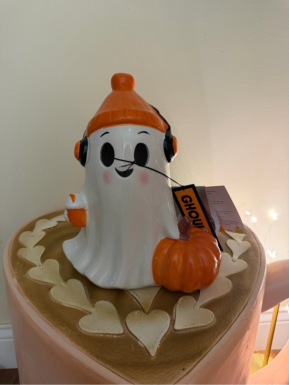 Ghoulish Ceramic Light Up Halloween Ghost with Orange Toboggan & Coffee